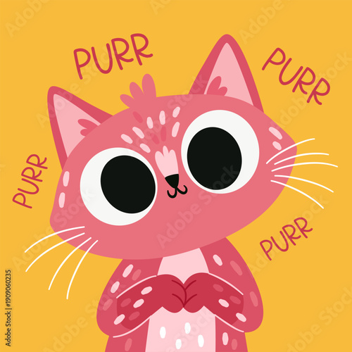 Cute pink kitten purring, big cute eyes. Flat vector illustration in a simple children's style on a yellow background, print for printing on children's products. . Vector illustration