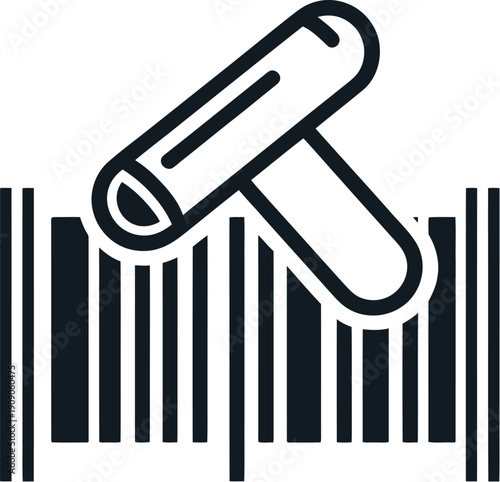 A black and white icon of a pencil crossing out a barcode