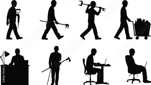 Worker silhouettes set with construction and office professions isolated on white background, diverse workforce concept