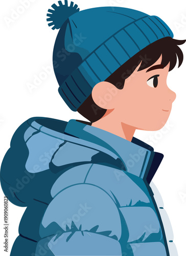 A young boy dressed in warm winter clothing, including a beanie and puffer jacket, looking away thoughtfully. Perfect for winter-themed content.