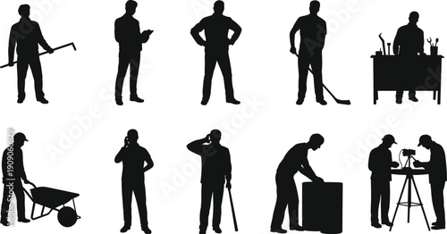 Worker silhouettes set with various professions and tools isolated on white background, industrial and service workforce concept