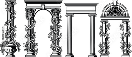 Vintage Roman Columns and Ornate Archways Vector Illustration with Classical Architecture Elements, Floral Vines and Decorative Engraving Details