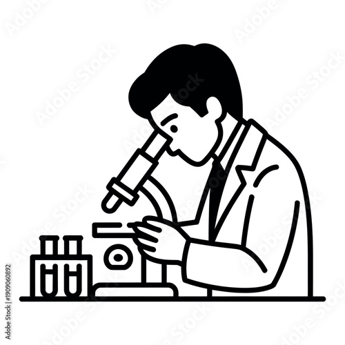 A scientist in a lab coat examining a sample under a microscope