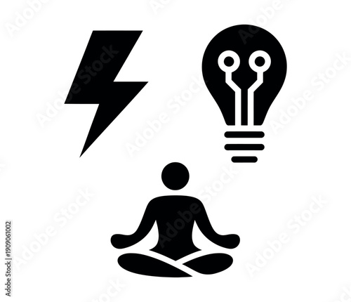 A person meditates with a lightbulb and lightning bolt above their head