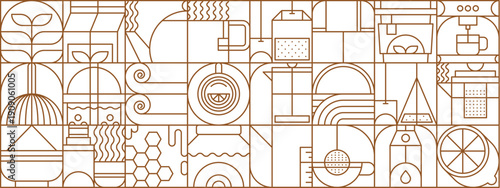 abstract geometric tea drink pattern with linear tea and coffee beverage, cups, kettles, machines, citrus or honey and leaves arranged in grid. Vector retro modern background for kitchen or cafe decor