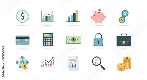 Financial Icons Collection Representing Money and Business.