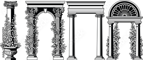 Classic Roman Columns and Decorative Archways Vector Illustration Set with Vintage Architectural Elements and Floral Vines Isolated Design