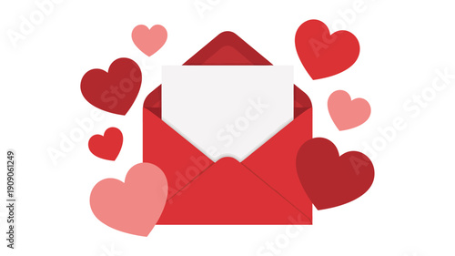 A red envelope with hearts surrounding it on a white background for Valentine's Day