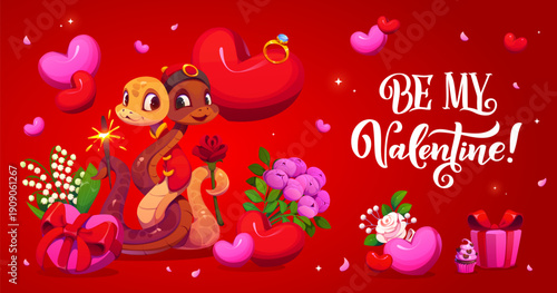 Be my Valentine greeting card with cute snakes couple and gifts, romantic love holiday. Cartoon snakes characters hugging with pink hearts, flowers, gift boxes and wedding ring, Valentines love card