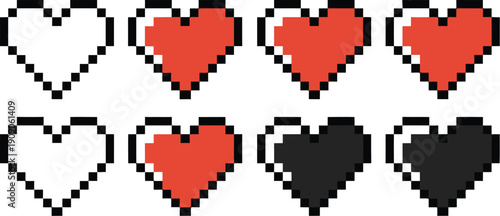 A pixel art illustration of various colored hearts on a white background