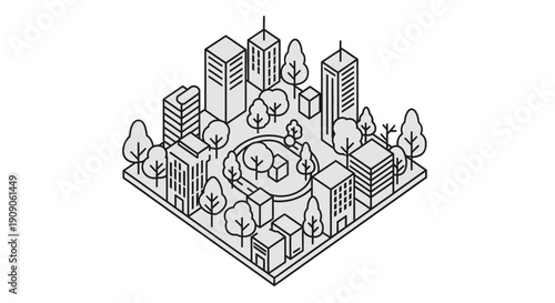 Cityscape with buildings and trees.