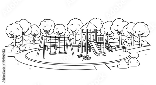 Black and white illustration playground equipment.