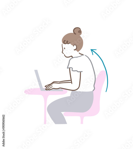 猫背で椅子に座ってパソコンを操作する女性のイラスト素材