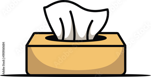 A cartoon tissue box with a tissue sticking out on a white background