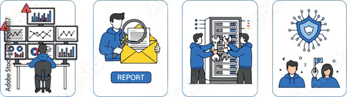 Cyber Security and IT Support Workflow Vector Illustration Set with Monitoring Reporting and Server Maintenance
