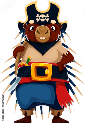 Cartoon porcupine vector pirate character stands confidently with weapon tucked into the belt. Funny animal corsair personage wearing beige vest, blue pants, red sash, Cartoon warrior mascot character