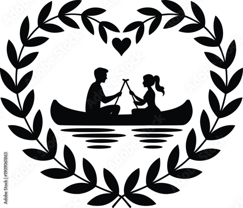 A romantic couple in a canoe surrounded by a heart-shaped wreath of leaves