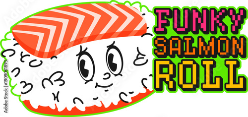 Japan seafood salmon sushi roll vintage Y2K sticker or tag. Sushi meal vintage sticker, Asian menu dish Y2K vector label. Japanese cuisine tag with sushi emoji personage and pixelated typography