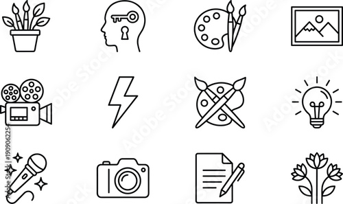 Creative arts and multimedia icons set, design inspiration line vector illustration collection
