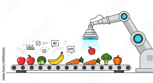 Automated robotic arm sorting fresh fruits and vegetables on a conveyor belt, illustrating modern food processing and smart agriculture technology.