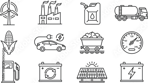 Energy and fuel industry icons set, renewable power line vector illustration collection