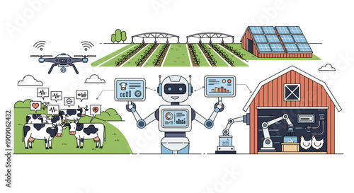 Modern agricultural landscape showcasing robotic automation, drone technology, and smart farming practices for efficient livestock and crop management.