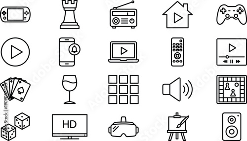 Gaming and multimedia entertainment icons set, video play console audio line vector illustration collection