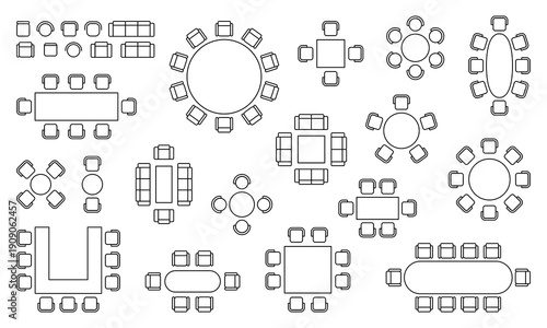 Conference, event, cafe and restaurant seat plan with various banquet and meeting tables and chairs. Flexible event seat planning options for wedding and business events