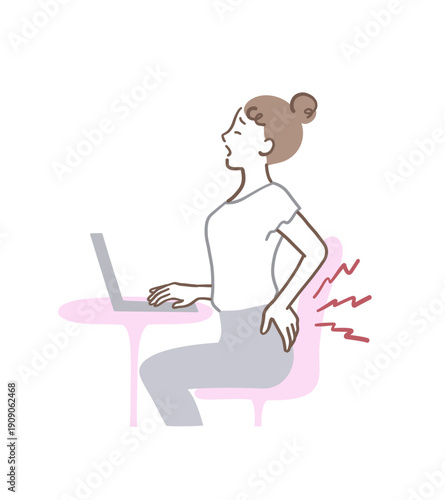 座りっぱなしのパソコン作業で腰が痛い女性のイラスト素材