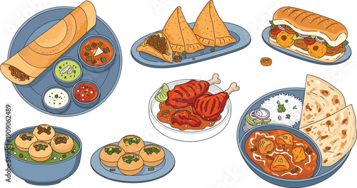 PrintTraditional Indian Street Food and Main Course Vector Illustration Set Featuring Dosa, Samosa, Pani Puri, Tandoori Chicken, Curry, and Naan Bread