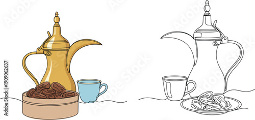 Traditional Arabic Coffee Pot Dallah with Dates and Cup Vector Illustration in Flat and Line Art Style for Middle Eastern Hospitality and Ramadan Themes