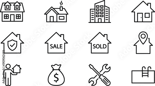 Real estate and property icons set, house sale rent line vector illustration collection