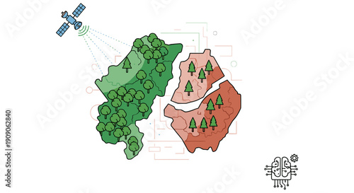 A satellite monitors two distinct land areas, one lush with trees and the other showing signs of deforestation, highlighting environmental impact and remote sensing.