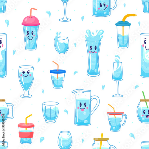 Cartoon fresh water drinks seamless pattern with cute characters including glass, jug and straw cup. Vector seamless pattern for healthy lifestyle background, eco friendly packaging and textile design
