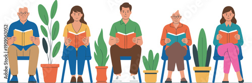 Reading and Learning Outline Icon Set  Diverse People with Books