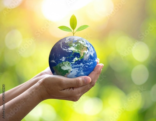 Gentle hands cradle Earth with new growth reaching skyward