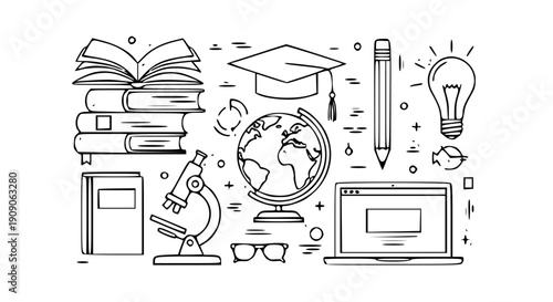 Education and science doodles set featuring books, graduation cap, globe, and microscope