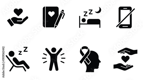 Health and wellness lifestyle icons depicting sleep mental health and self care habits