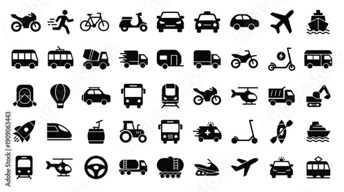 Transportation vehicles and modes of transport icons for travel and logistics