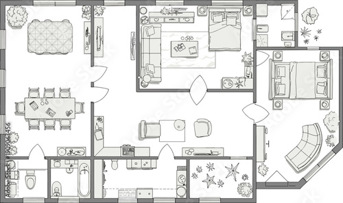 Detailed architectural house floor plan with furniture, top view interior design layout, bedroom, living room, kitchen, dining, bathroom, vector blueprint, home structure drawing