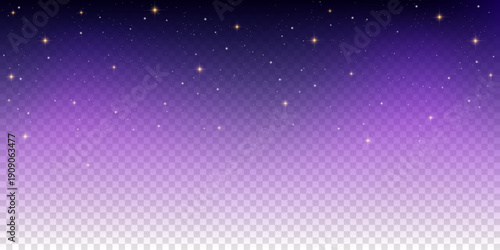 Starry night sky with transparent effect. Purple galaxy with shiny golden glitter. Textured space with stellar particles and magic twinkles. Dreamy realistic sparks vector illustration