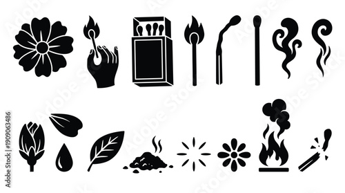 Set of match and fire related icons, including lit matches, matchbox, and smoke wisps
