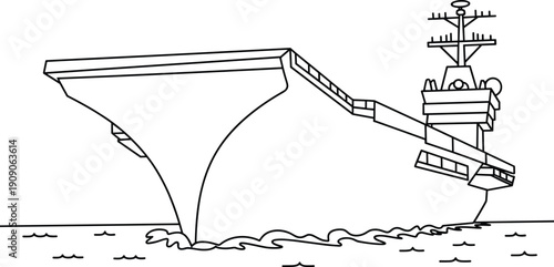 Detailed black and white illustration of a large aircraft carrier ship sailing in the ocean, naval vessel, military ship, sea transport, ocean waves