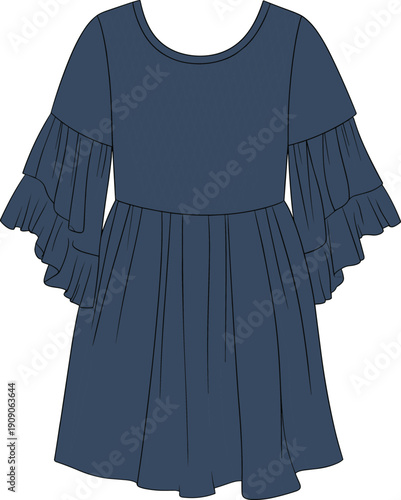 Dark blue flared dress flat sketch, tiered ruffle sleeve design, gathered waistline fashion cad, technical vector illustration template
