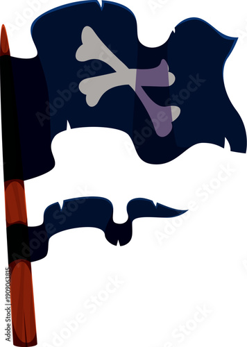 Pirate font cartoon black flag letter F. Piracy nautical font element, treasure hunt typeface vector symbol. Pirate marine sailing typeset letter with waving Jolly Roger flag on flagpole