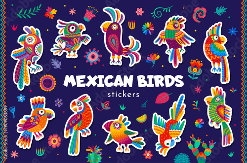 Cartoon mexican parrot birds stickers pack. Brazil rainforest ornate parrot vector sticker, Mexican fauna colorful animal label. Tropical jungle funny bird sticker patch or exotic cute fauna tag