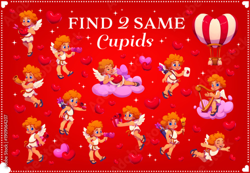 Find two same Valentines cherub Cupids characters game quiz vector worksheet. Valentines Day romantic holiday matching puzzle of cartoon Cupid angels with love hearts, gift box, ring, bow and arrows