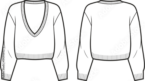 Deep V-neck cropped sweater, long sleeve fashion flat sketch, ribbed hem and cuffs, front and back technical illustration