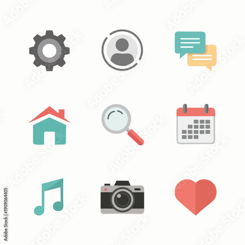 Mobile UI Flat Icon Set with Settings, Profile, Chat, Home, Search and Media Symbols
