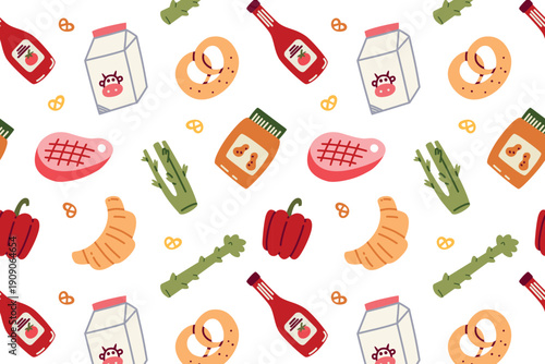 Cute seamless city transport pattern with cars, tram, police vehicle, garbage truck, delivery truck, trees and road signs. Flat cartoon vector illustration for kids design, traffic safety urban mood